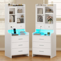 Sikaic Nightstand LED Tall Nightstand with Charging Station Drawers Shelves Glass Door Storage Grey