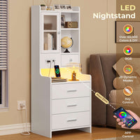 Sikaic Nightstand LED Tall Nightstand with Charging Station Drawers Shelves Glass Door Storage Grey