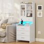 Sikaic Nightstand LED Tall Nightstand with Charging Station Drawers Shelves Glass Door Storage Grey