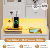 Sikaic Nightstand LED Tall Nightstand with Charging Station Drawers Shelves Glass Door Storage Grey