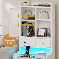 Sikaic Nightstand LED Tall Nightstand with Charging Station Drawers Shelves Glass Door Storage Grey