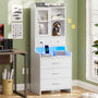Sikaic Nightstand LED Tall Nightstand with Charging Station Drawers Shelves Glass Door Storage Grey