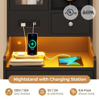 Sikaic Nightstand LED Tall Nightstand with Charging Station Drawers Shelves Glass Door Storage Black