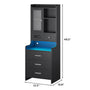 Sikaic Nightstand LED Tall Nightstand with Charging Station Drawers Shelves Glass Door Storage Black