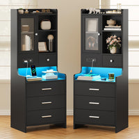 Sikaic Nightstand LED Tall Nightstand with Charging Station Drawers Shelves Glass Door Storage Black