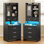 Sikaic Nightstand LED Tall Nightstand with Charging Station Drawers Shelves Glass Door Storage Black