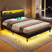 Sikaic Bed Frame Faux Leather LED Bed Frame with Outlets and Storage Headboard Black
