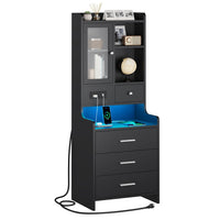 Sikaic Nightstand LED Tall Nightstand with Charging Station Drawers Shelves Glass Door Storage Black