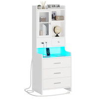 Sikaic Nightstand LED Tall Nightstand with Charging Station Drawers Shelves Glass Door Storage White
