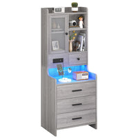 Sikaic Nightstand LED Tall Nightstand with Charging Station Drawers Shelves Glass Door Storage Grey