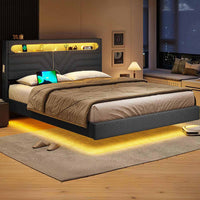 Sikaic Bed Frame LED Bed Frame with Charging Station Storage Headboard Black