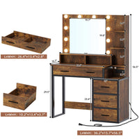 Sikaic Makeup Vanity Makeup Vanity with Lights Charging Station Mirror Drawers Rustic Brown