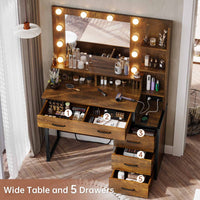Sikaic Makeup Vanity Makeup Vanity with Lights Charging Station Mirror Drawers Rustic Brown