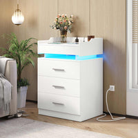 Sikaic Nightstand LED Nightstand with Charging Station Hutch Drawers White