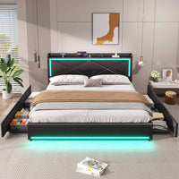 Sikaic Bed Frame Upholstered Platform LED Bed Frame with Charging Station No Box Spring Needed Black