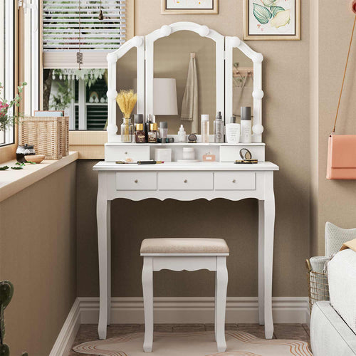 Sikaic Makeup Vanity Makeup Vanity with Lighted Mirror Stool Drawers White