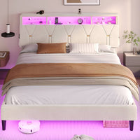 Sikaic Bed Frame Faux Leather LED Bed Frame with Outlets and Storage Headboard White