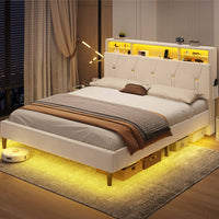 Sikaic Bed Frame Faux Leather LED Bed Frame with Outlets and Storage Headboard White