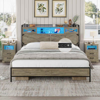 Sikaic Bed Frame LED Farmhouse Platform Bed Frame with Charging Station Storage Headboard Sliding Barn Door Grey