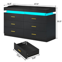 Sikaic Dresser LED Dresser with 6 Drawers & 2 Pull-Out Tray Black