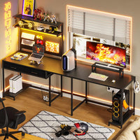 Sikaic Gaming Desk L Shaped Reversible LED Gaming Desk with Hutch Pegboard and Storage Shelves Drawers & Monitor Stand Black