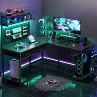 Sikaic Gaming Desk L Shaped Reversible LED Gaming Desk with Hutch Pegboard and Storage Shelves Drawers & Monitor Stand Black