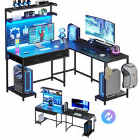 Sikaic Gaming Desk L Shaped Reversible LED Gaming Desk with Hutch Pegboard and Storage Shelves Drawers & Monitor Stand Black