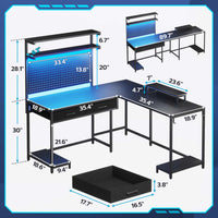 Sikaic Gaming Desk L Shaped Reversible LED Gaming Desk with Hutch Pegboard and Storage Shelves Drawers & Monitor Stand Black