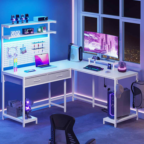 Sikaic Gaming Desk L Shaped Reversible LED Gaming Desk with Hutch Pegboard and Storage Shelves Drawers & Monitor Stand White
