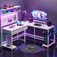 Sikaic Gaming Desk L Shaped Reversible LED Gaming Desk with Hutch Pegboard and Storage Shelves Drawers & Monitor Stand White