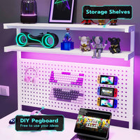 Sikaic Gaming Desk L Shaped Reversible LED Gaming Desk with Hutch Pegboard and Storage Shelves Drawers & Monitor Stand White