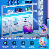 Sikaic Gaming Desk L Shaped Reversible LED Gaming Desk with Hutch Pegboard and Storage Shelves Drawers & Monitor Stand White
