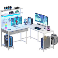 Sikaic Gaming Desk L Shaped Reversible LED Gaming Desk with Hutch Pegboard and Storage Shelves Drawers & Monitor Stand White