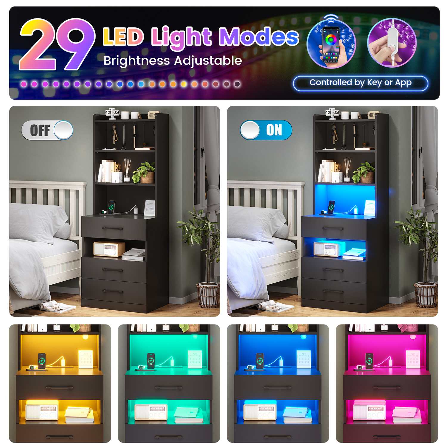 Sikaic LED Tall Nightstand Modern Bedside Table with Bookshelf Charging Station and 3 Drawers Black Sikaic LED Tall Nightstand Modern Bedside Table with Bookshelf Charging Station and 3 Drawers Black