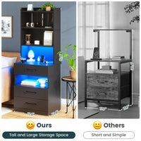 Sikaic Nightstand LED Tall Nightstand with Charging Station 3 Drawers And Bookshelf Black
