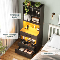 Sikaic Nightstand LED Tall Nightstand with Charging Station 3 Drawers And Bookshelf Black