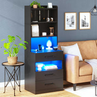 Sikaic Nightstand LED Tall Nightstand with Charging Station 3 Drawers And Bookshelf Black