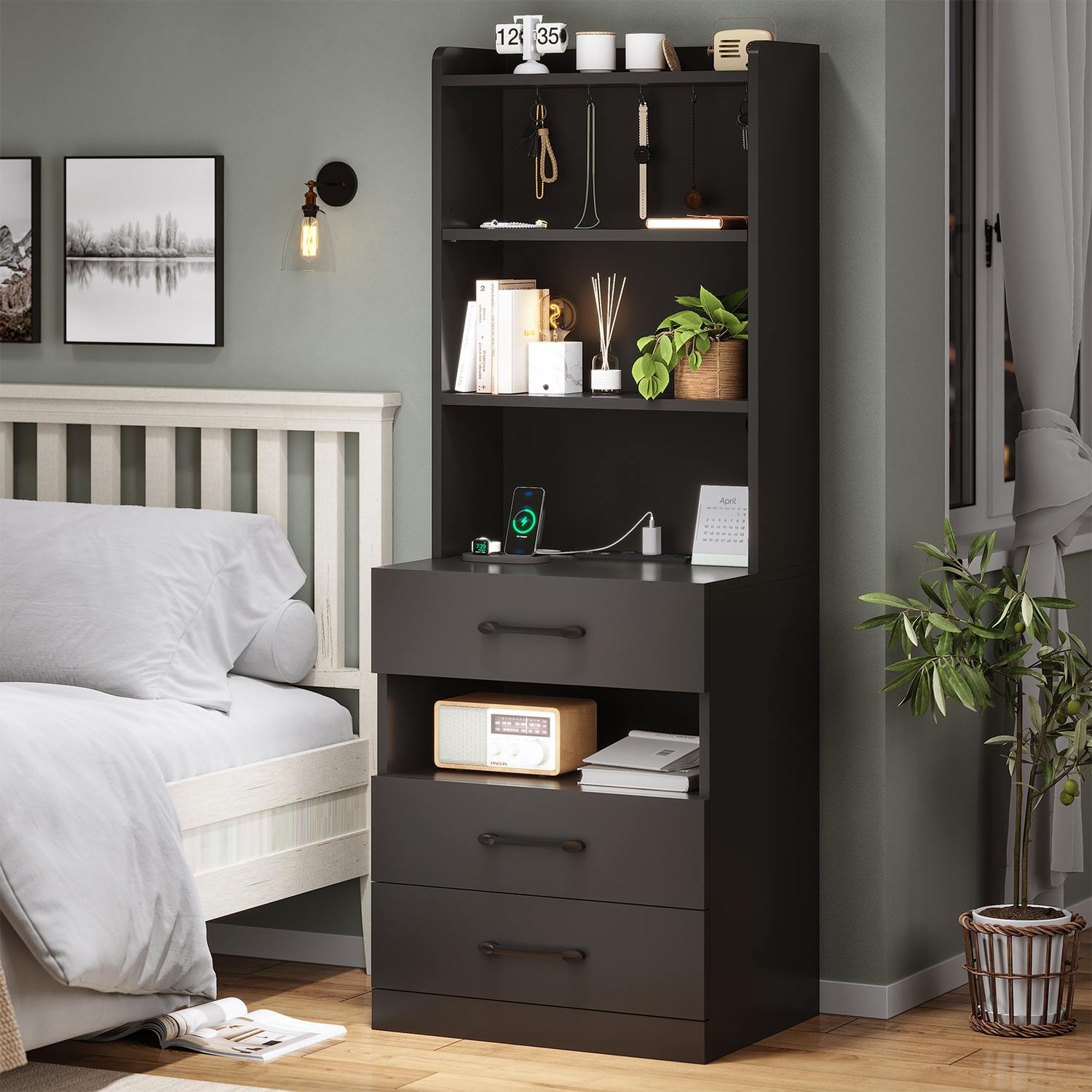 Bookcase Nightstand Rack LED Tall Bookshelf Nightstand Black | Sikaic