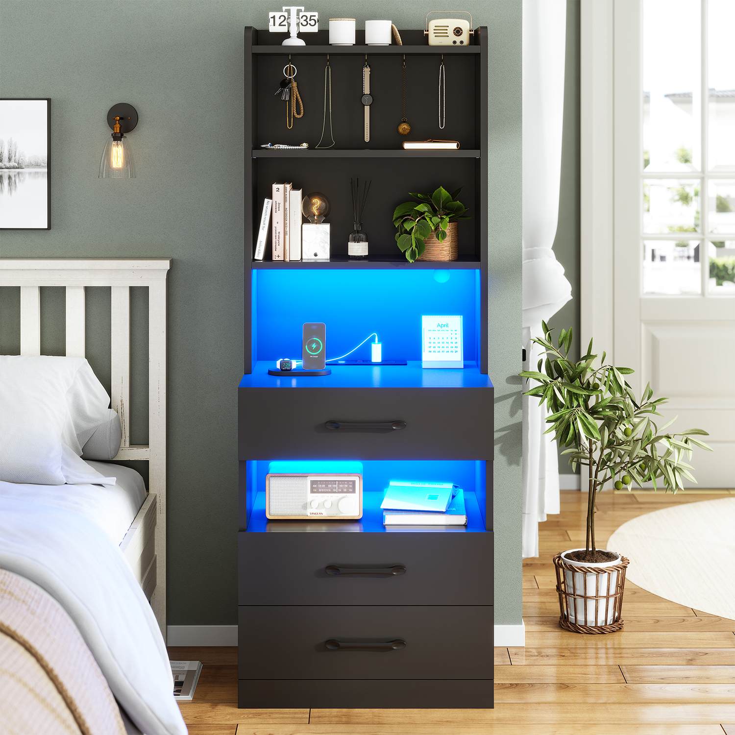 Bookcase Nightstand Rack LED Tall Bookshelf Nightstand Black | Sikaic
