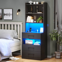 Sikaic Nightstand LED Tall Nightstand with Charging Station 3 Drawers And Bookshelf Black