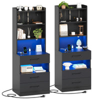 Sikaic Nightstand LED Tall Nightstand with Charging Station 3 Drawers And Bookshelf Black