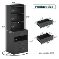 Sikaic Nightstand LED Tall Nightstand with Charging Station 3 Drawers And Bookshelf Black