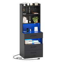 Sikaic Nightstand LED Tall Nightstand with Charging Station 3 Drawers And Bookshelf Black