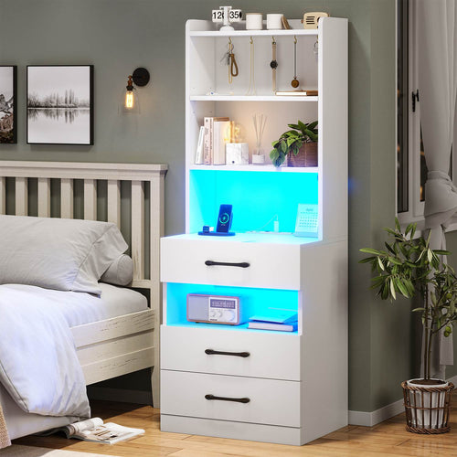 Sikaic Nightstand LED Tall Nightstand with Charging Station 3 Drawers And Bookshelf  White
