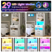Sikaic Nightstand LED Tall Nightstand with Charging Station 3 Drawers And Bookshelf  White