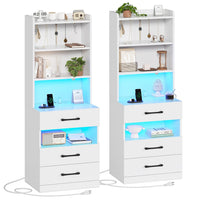 Sikaic Nightstand LED Tall Nightstand with Charging Station 3 Drawers And Bookshelf  White