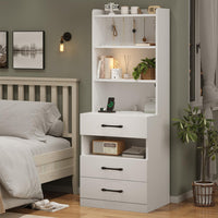 Sikaic Nightstand LED Tall Nightstand with Charging Station 3 Drawers And Bookshelf  White