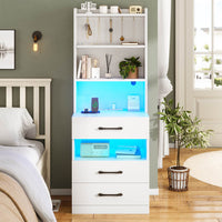 Sikaic Nightstand LED Tall Nightstand with Charging Station 3 Drawers And Bookshelf  White