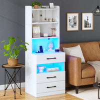 Sikaic Nightstand LED Tall Nightstand with Charging Station 3 Drawers And Bookshelf  White