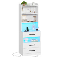 Sikaic Nightstand LED Tall Nightstand with Charging Station 3 Drawers And Bookshelf  White